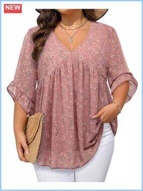 Plus Size Chiffon Blouse 3/4 Ruffle Sleeve V Neck Babydoll Tunic Top